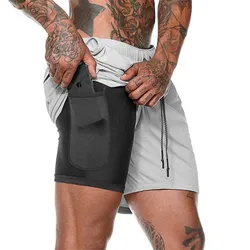 Shorts de corrida de secagem rápida masculino, jogging, ginásio, fitness, treinamento, praia, calças curtas, esportes masculinos, calças de treino, verão, Bermuda, 2 em 1