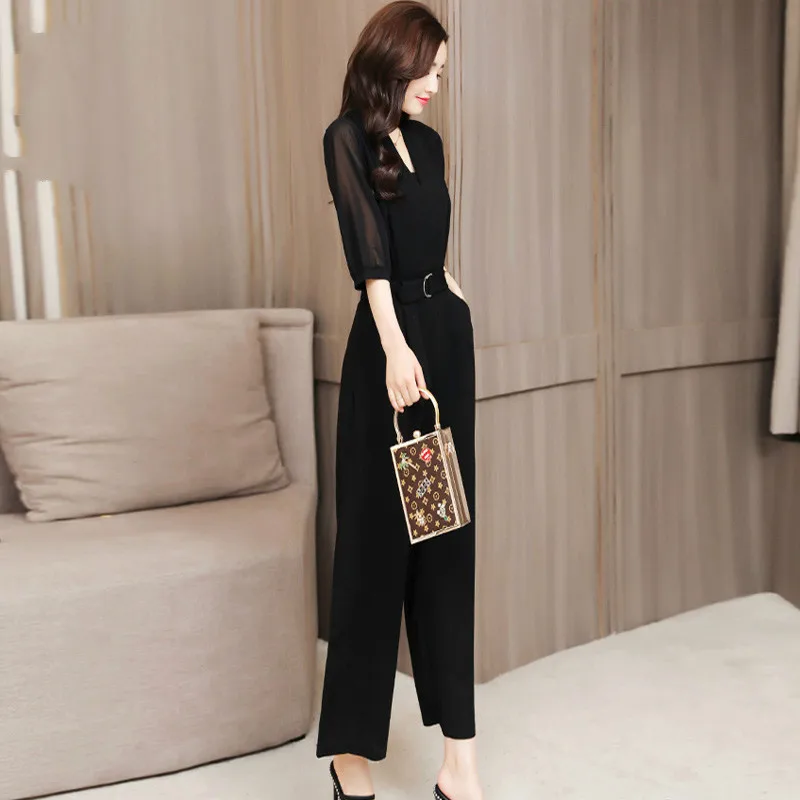 Black Spring Summer Chiffon Overalls for Women Elegant Wide Leg Jumpsuit 2020 ZQY2020Q1026 KJ5124