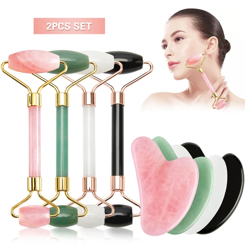 Jade Roller Massager for Face Facial Skin Care Tools Natural Gouache Scraper Body Back Beauty Slimming Massagers Roller Set