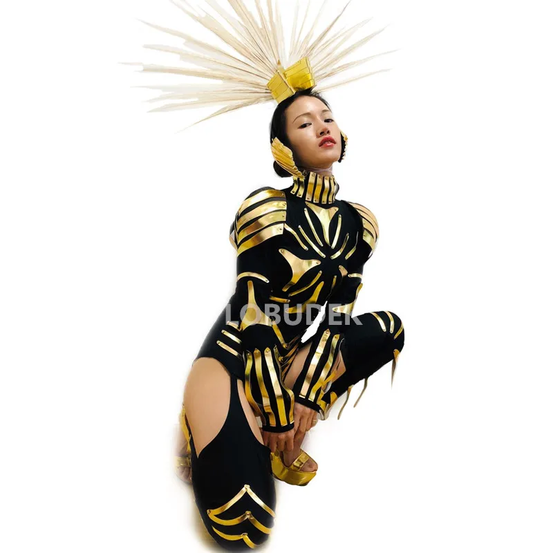 Gold Mirror Armor Jumpsuit Women Warrior Role-playing Performance Clothes Nightclub Dancer Team Show Stage Wear Cosplay Costume