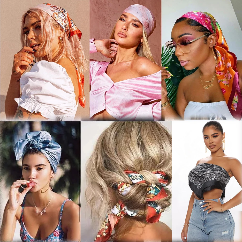 60*60CM Druck Bandanas Haar Bands Für Mädchen Frauen Platz Satin Schal Mode Turban Stirnband Neue Vintage Haar zubehör