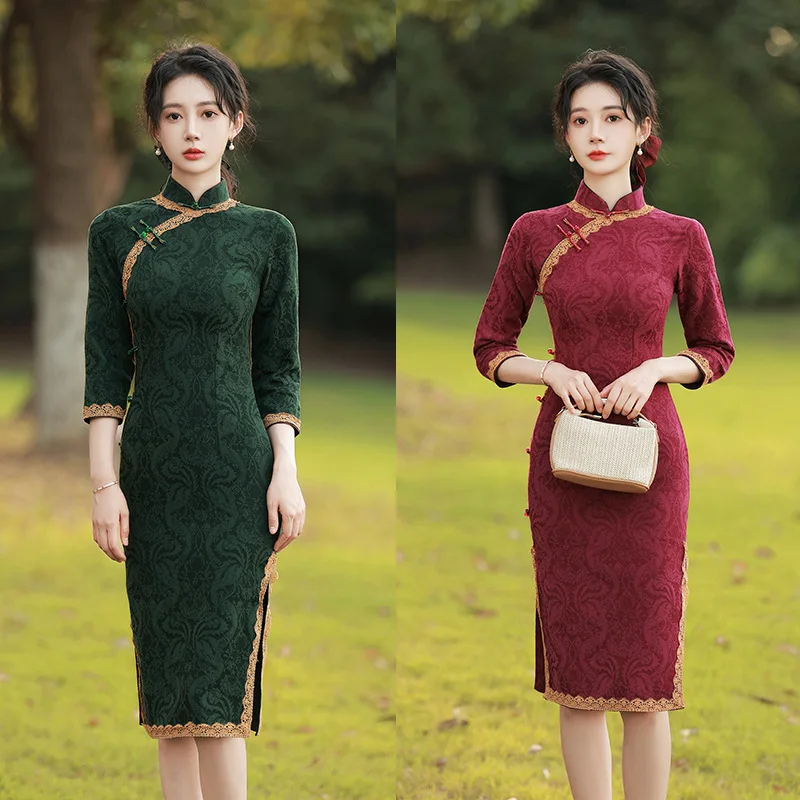 Autunm New Chinese Traditional Women Cotton Linen Cheongsam Vintage Button Slim Social Etiquette Dress Female Jacquard Qipao