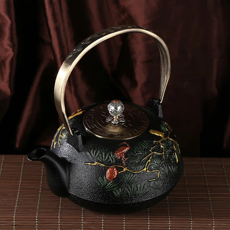 Japanese Style Iron Teapot Uncoated Handmade Retro Pine Tree Plum Blossom Black Delicate Decorative Household Tea Making Kettle