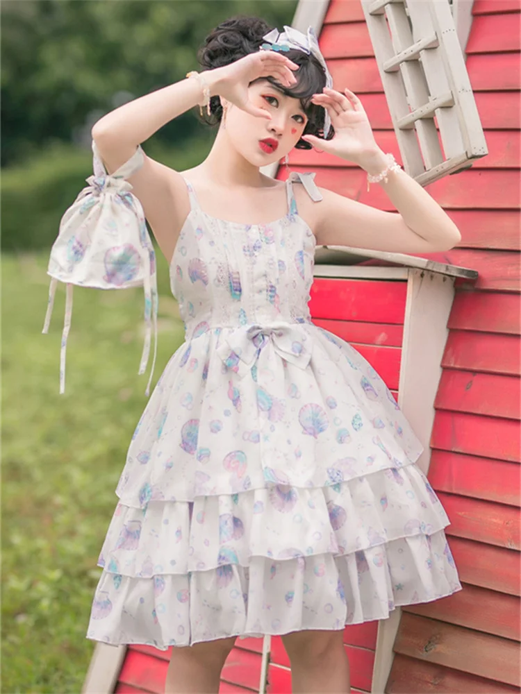 Robe Lolita taille haute pour fille, tenue d'été douce et mignonne, avec nœud papillon, imprimé coquille, Kawaii, pour femme, Cosplay, princesse Lolita Jsk Loli