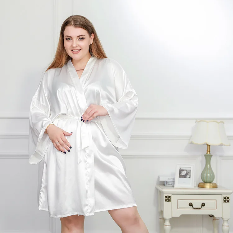 Plus Size 3XL 4XL Robe Kimono Gown Women Silk Satin Sleewpear Nightgown Solid Color Bathrobe Lady Nightwear Loose Home Dressing