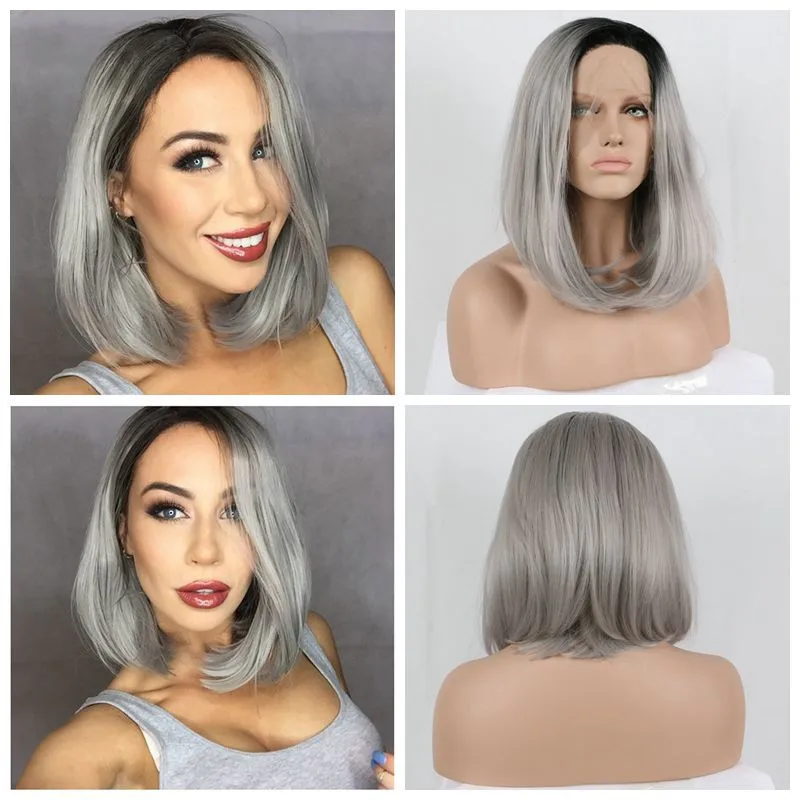 

Grey And Black Ombre Colored Bob Synthetic Lace Front Wig Short Curly Cosplay Wigs Glueless Dark Root Frontal For Black Women