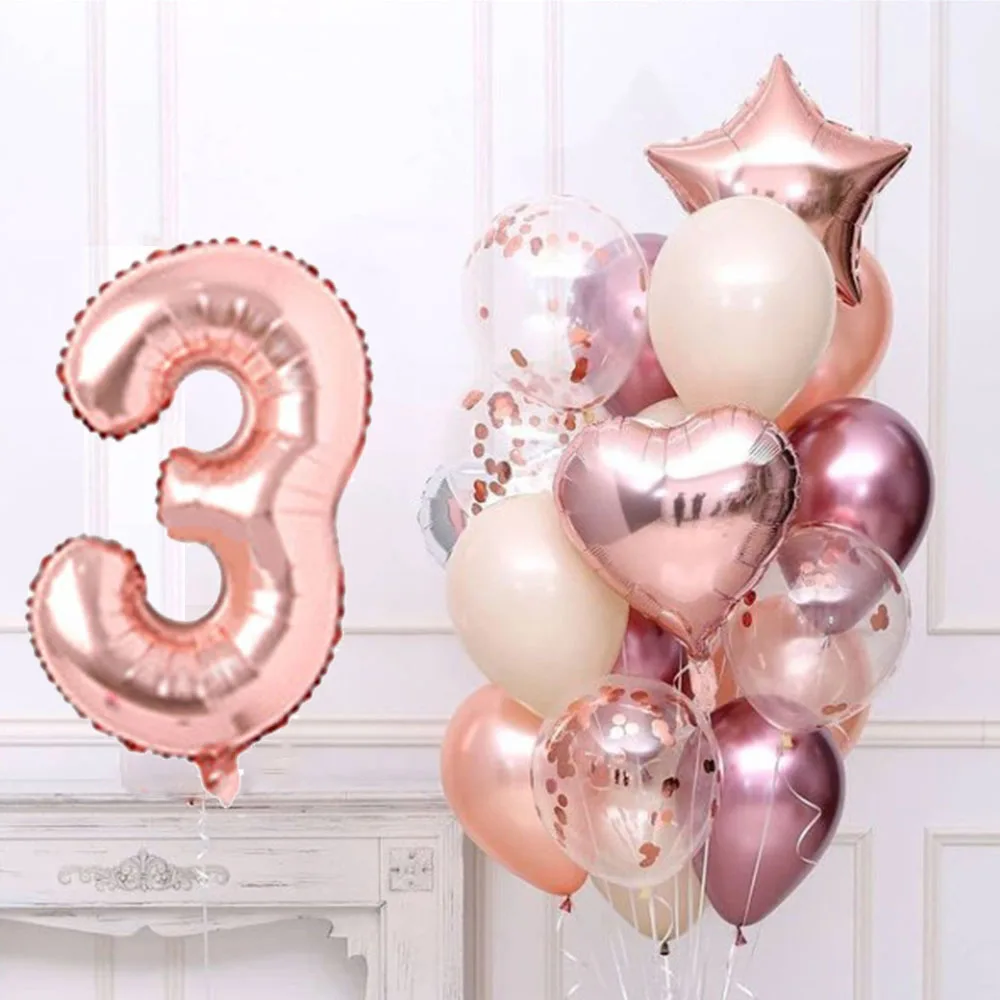 1set Rose Gold Birthday Balloon Set With 32inch Number Balloons 3/3rd Birthday Party Decorations Kids Aniversare 9/1/3 Years Old