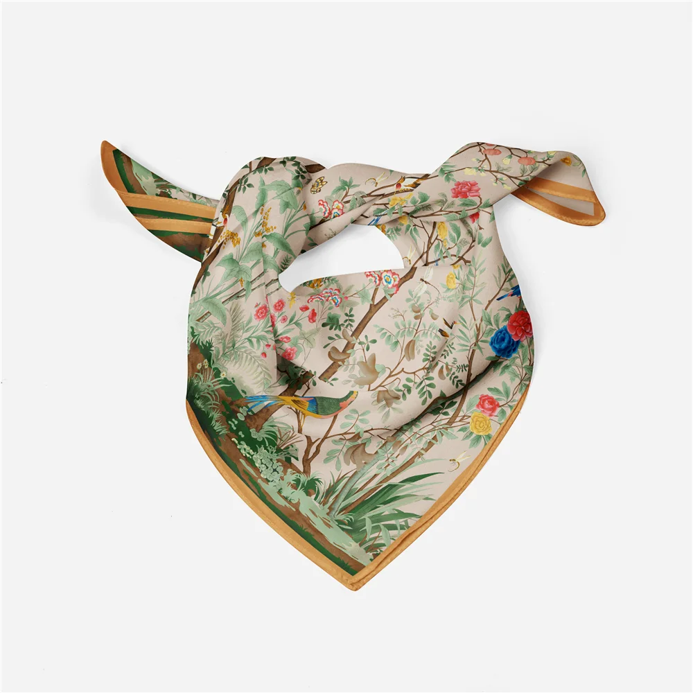 Twill Silk Scarf Woman Life Tree Painting Square Scarves Wraps Bandana Small Hijab Silk Foulards Tie Headband Neckerchief 53CM