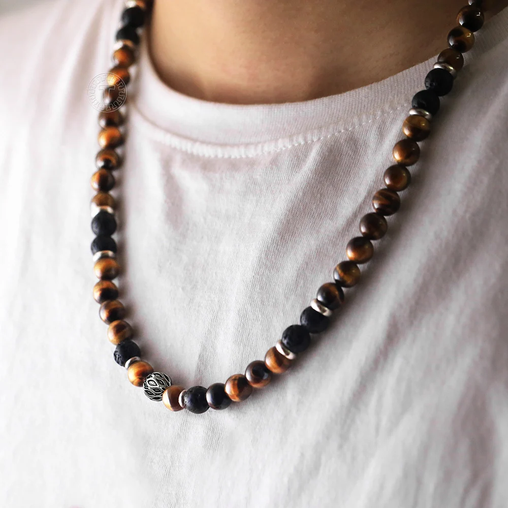 Unique Beaded Necklaces for  Mens Boy Tiger Eye Stone Lave Natural Stone Neck Male Jewelry Stainless Steel Toggle Clasp