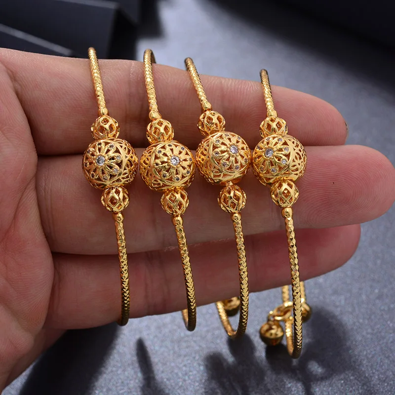 4Pcs/Lot Fashion Ethiopian Gold Color Dubai Bangles For Girls Boys baby Bead Style of African Middle East Dubai Jewelry