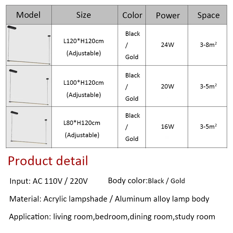 Imagem -06 - Simples e Moderno Led Luz Pingente Lustres Blac & Ouro Pingente de Teto Lâmpada para Sala de Jantar Cozinha Sala Estar Lâmpada 120cm 100cm 80cm