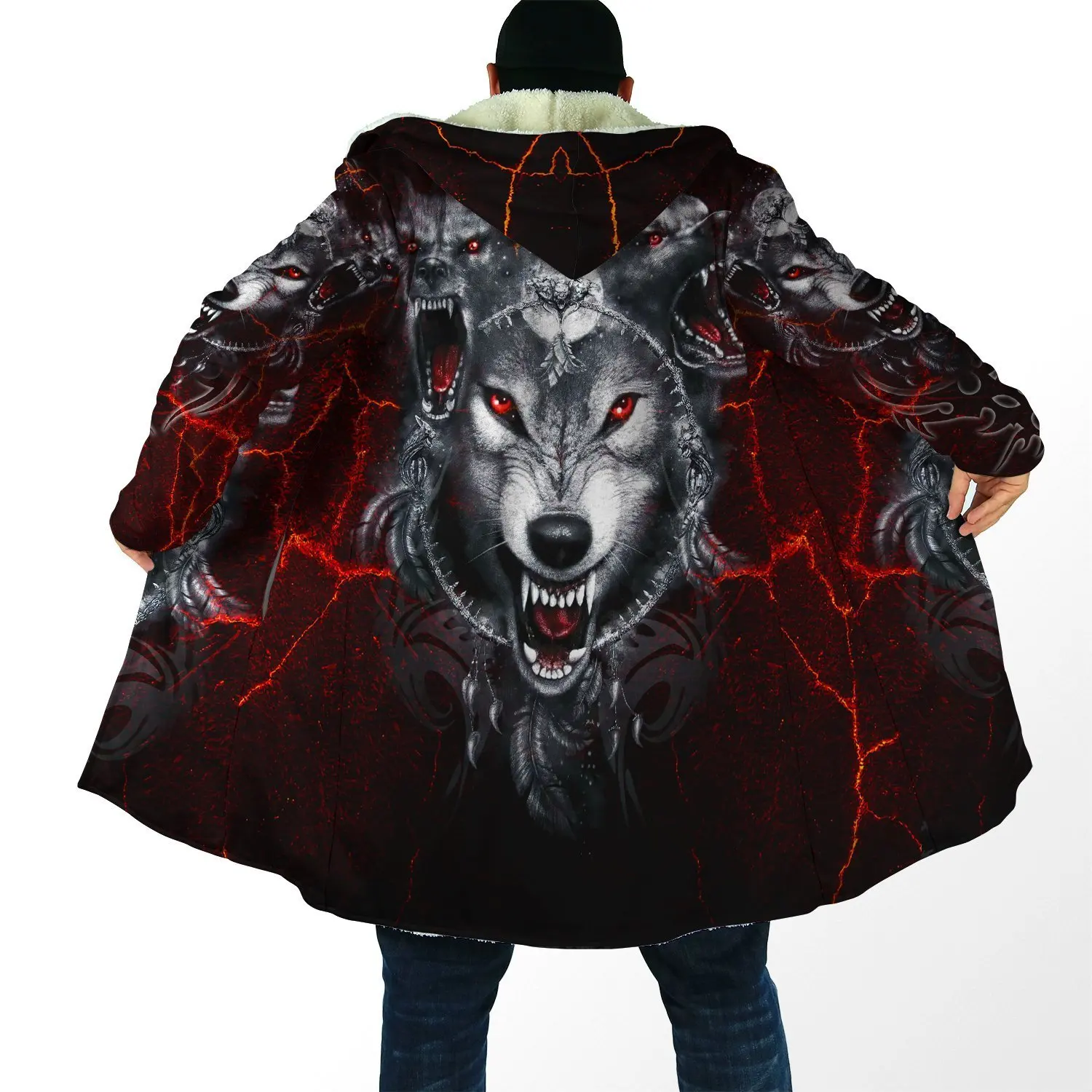 2023 Winter Mens Cloak Night Fenrir wolf tattoo 3D full Printing Fleece Hooded Coat Unisex Casual Thick Warm Cape coat PF46