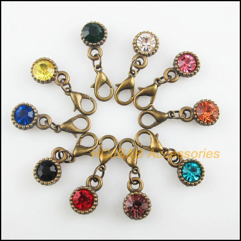 10 New Flower 8.5x13mm Charms Mixed Round Crystal Antiqued Bronze Tone Retro With Lobster Claw Clasps