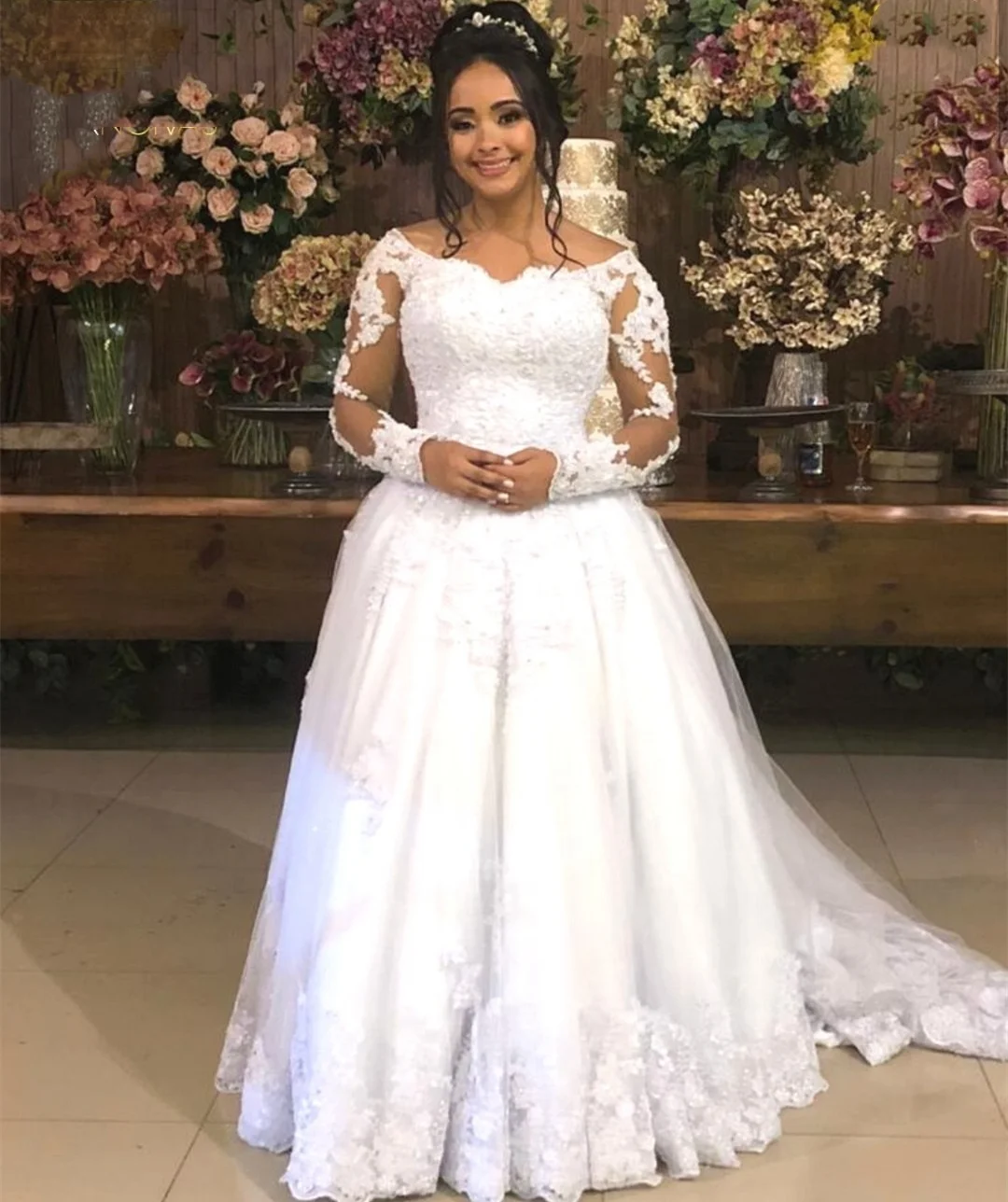 Vestido De novia De talla grande, manga larga, africano, De encaje, largo hasta el suelo, apliques, elegante, 2021