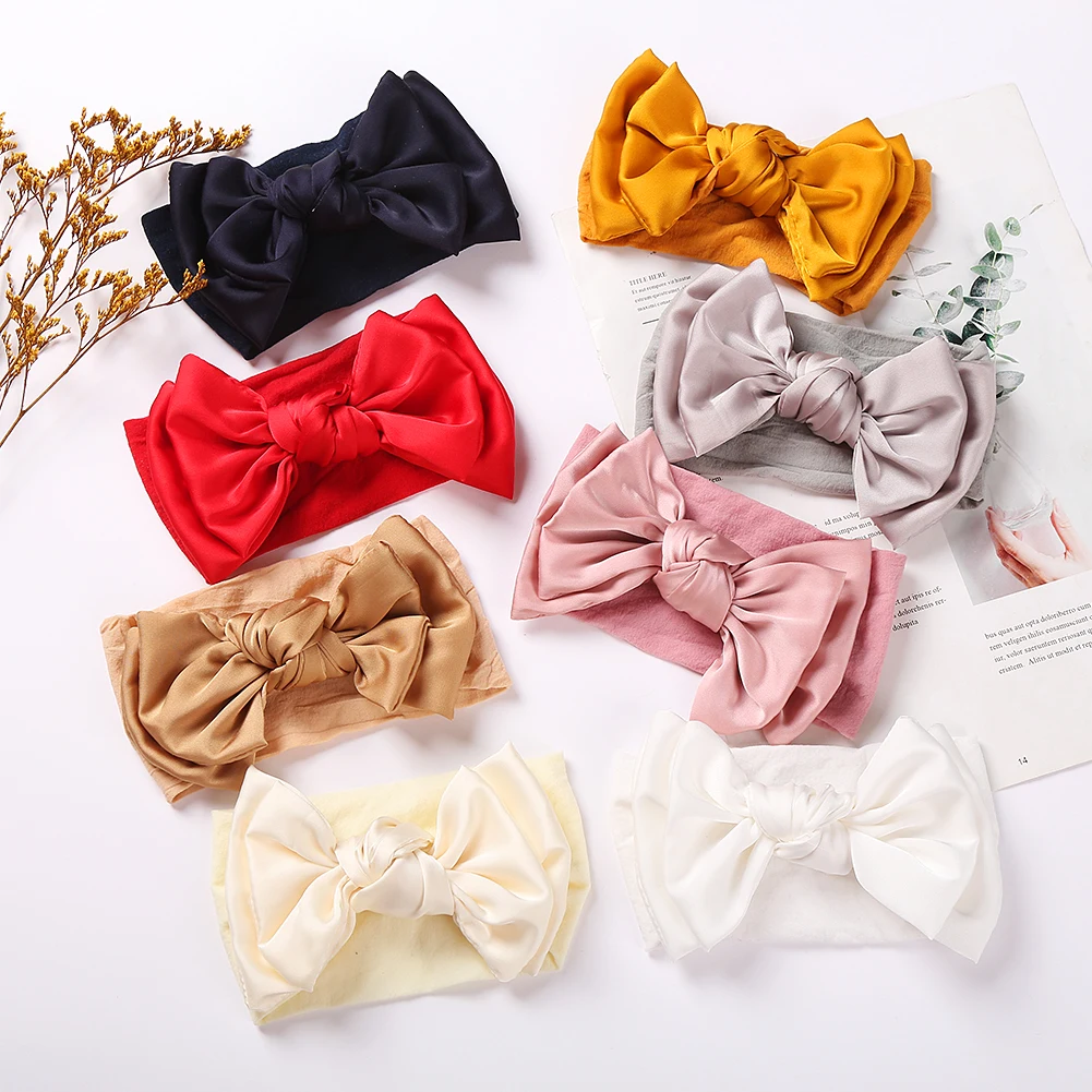 

8Pcs/Lot Silk Bow Knot Baby Headband Double Layers Soft Elastic Nylon Hair Bands Handmade Headwrap Fashion Newborn Headpiece