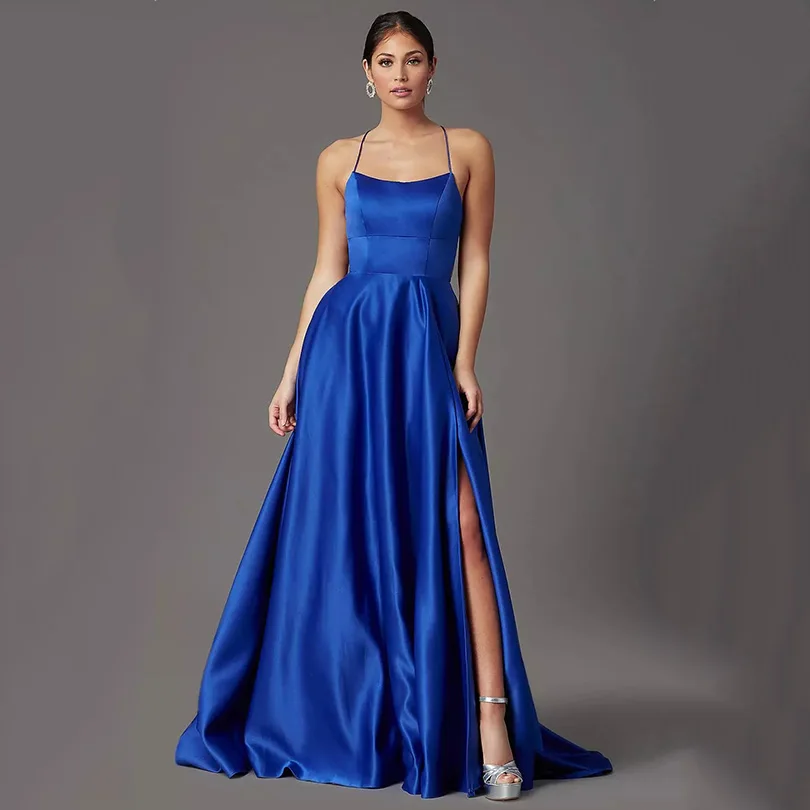 

Blue A Line Evening Dresses Long Elegant Prom Dress Simple Party Gowns Stain Formal Dress Vestidos Elegantes