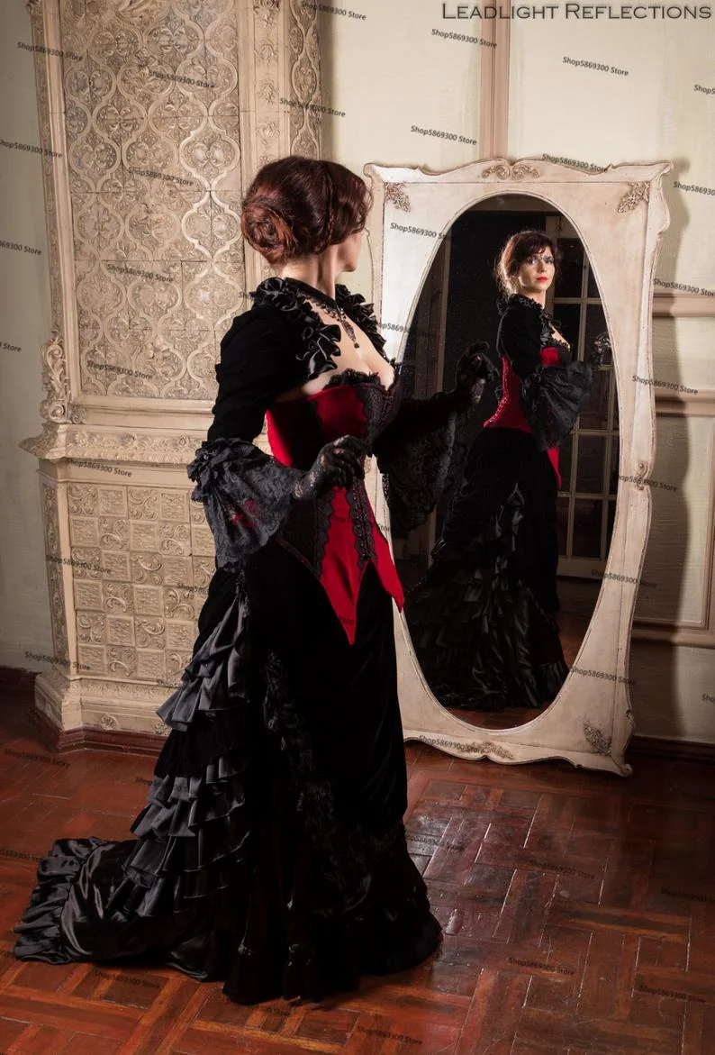 Velvet victorian Corset Wedding Dresses Black red Vampire gothic Evil queen Victorian Bridal Gown Skirt with Long Sleeve