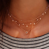 Bohemian Jewelry Multilayer Crystal Pendant Necklace Women Gold Color Star Choker handmade necklace Jewelry