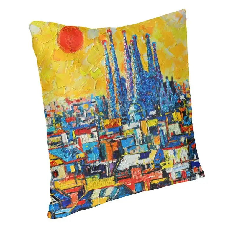 Spain Cityscape Oil Painting Art Pillow Cover Home Decoration Abstract Sunset Over Sagrada Familia In Barcelona Cushion Cover