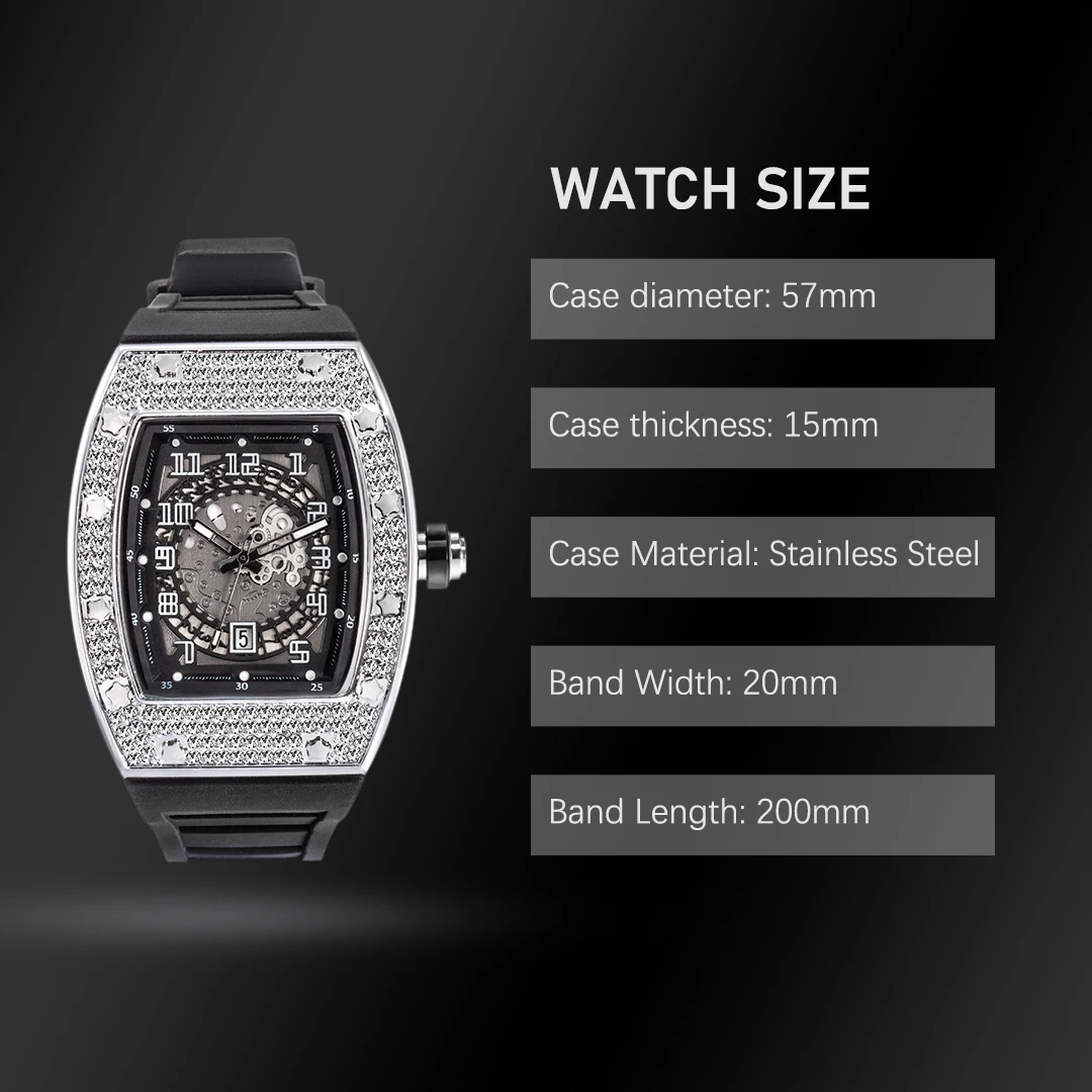 MISSFOX Tonneau Shape Watches Man Platinum Iced Out Unique Men Watch Row Diamond Round Classic Style Relógio Masculino Wholesale