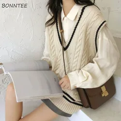 Sweater Vest Women Sleeveless Knitting Simple College Preppy Harajuku All-match V-neck Retro Spring Fall Female Teens Lady Chic