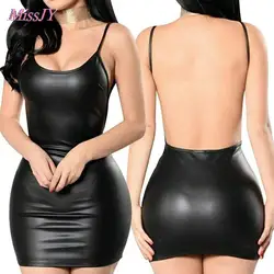 Sexy Faux Leather Dress Backless Club Party Short Dress Solid Black Wet Look Latex Bodycon Push Up Bra Mini Micro Dress