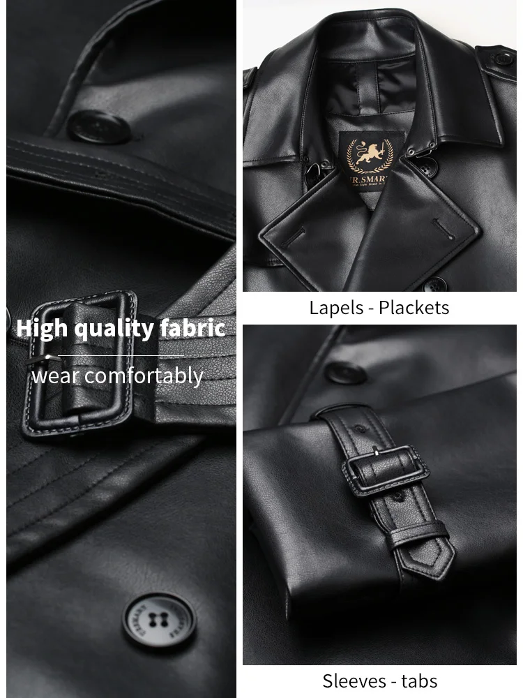 Men's Leather windbreaker medium and long British trend double breasted men's leather clothes thickened autumn and winter new co