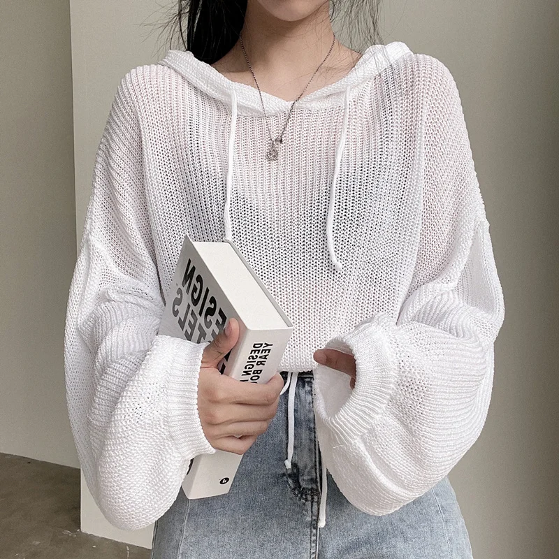 

New 2021 Autunm Winter Women Sweater Pullovers Hooded Knitted Cutout Korean Vintage Oversized Wild Lady Tops U272