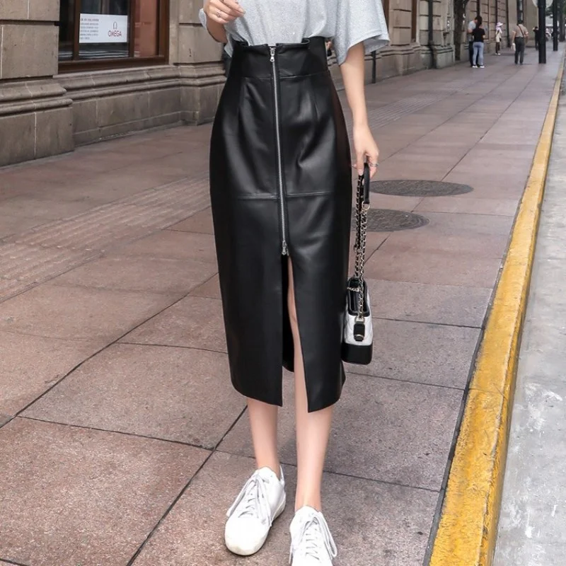 Waist High Front Zip Split Sheepskin Midi Skirts Women Street Sweet Fashion Genuine Leather Mid-Calf Skirt Office Lady Skirts