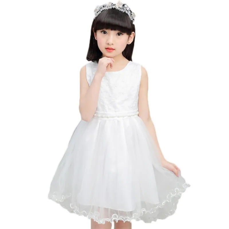 

2020 Girl Lace white Beaded Summer Dress Baby Princess Birthday Party Dresses Vestido Children Clothes Robe File 4-14T