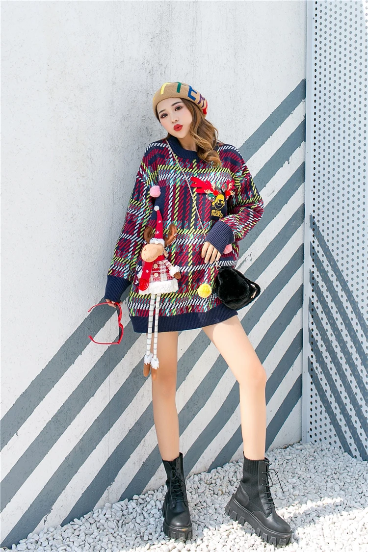 Thai street fashion lady Christmas sweater Sweter damski retro loose thick personality sweater female long loose sweater