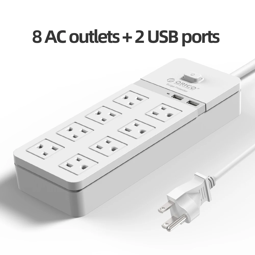 ORICO US Plug Power Strip Extension Cable Electrical Socket With 8AC Outlets 2 USB Ports For Home Office White Power Strips