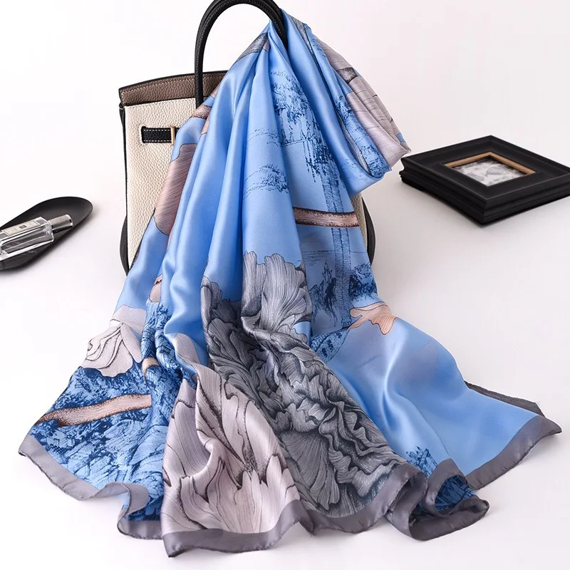 Popular 180X90CM Silk Scarf Female Foulard Echarpe Bandana Beach Hijab Summer New Big Print Shawl Wrap Beach Pareo Muffler