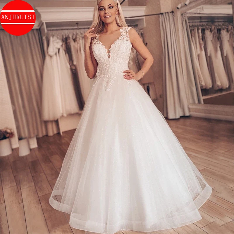 

Elegant Wedding Dress Floor Length Vestido De Novia 2022 Lace Appliques Scoop Bride Ball Gown Tulle Robe Mariage Boda Trouwjurk