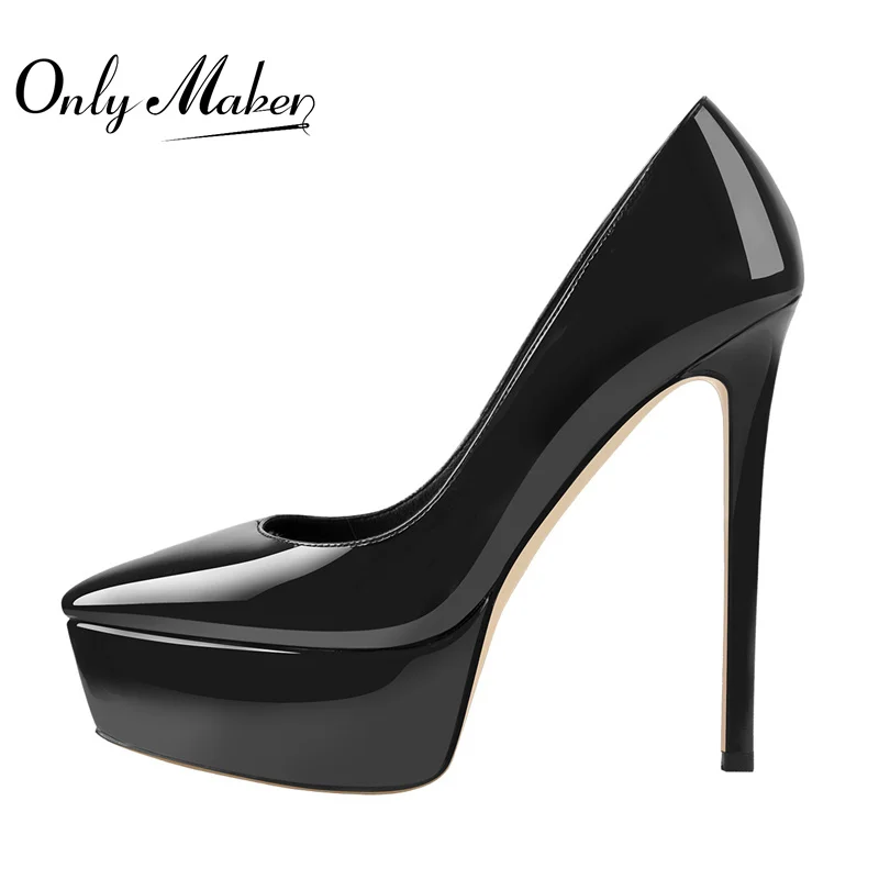 Onlymaker Women Pointed Toe Platform Pumps Concise Slip On Thin High Heels Patent Leather Matte Black Big Size Elegant Shoes