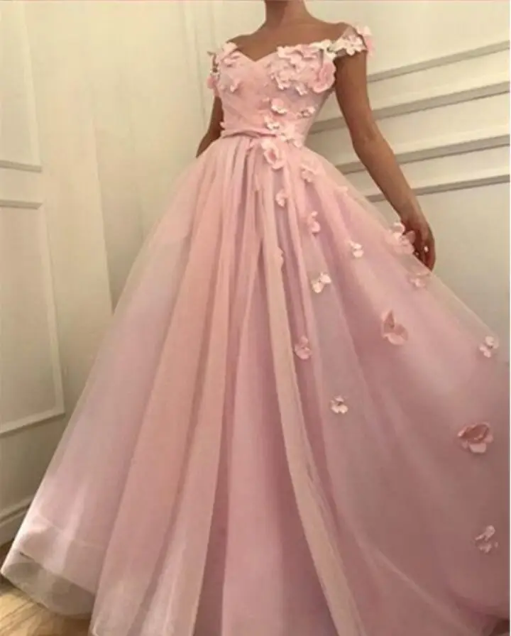 

2019 Pink Prom Dresses off the shoulder Prom Dresses Flowers Appliques Soft Tulle A-line Evening Party Gowns Plus Size