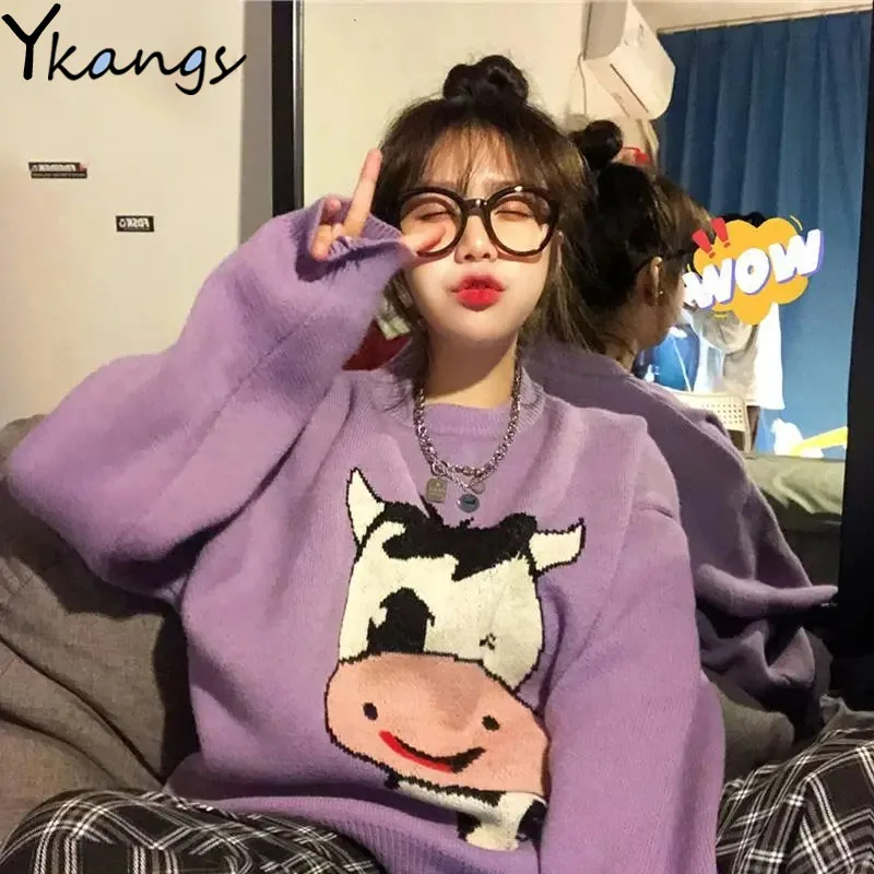 Knitted Kawaii Sweater Women High Street Korean Fashion Loose Pullover Jumper Gothic Print Sweet Lovely Students Harajuku Female