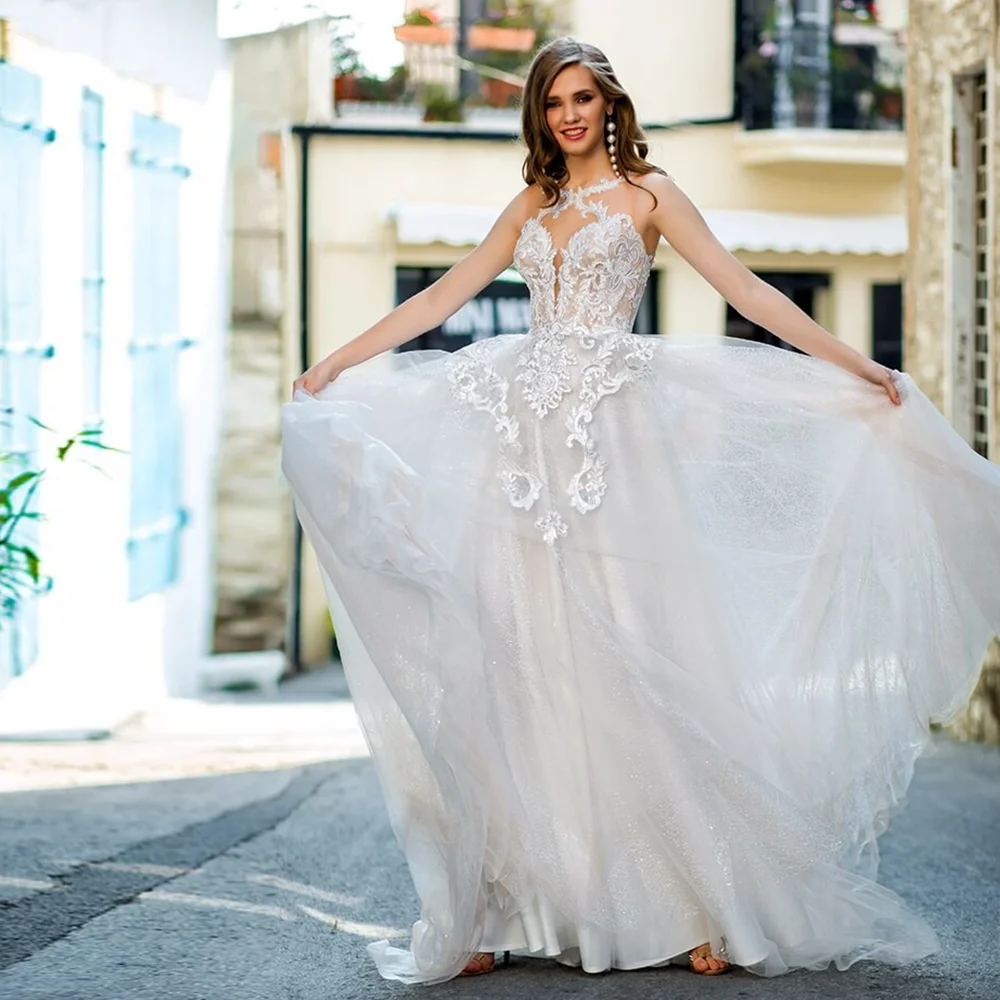 Abiti da sposa Scoop con applicazioni in Tulle brillante abiti da sposa di lusso con Glitter floreali senza maniche con illusione di grandi dimensioni su misura