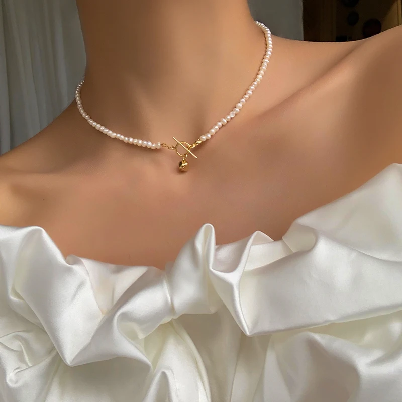 

Brass With 18K Gold Natural Pearl OT Chains Necklace Women Jewelry Designer T Show Runway Sweety Boho Japan Korean Sample Trendy