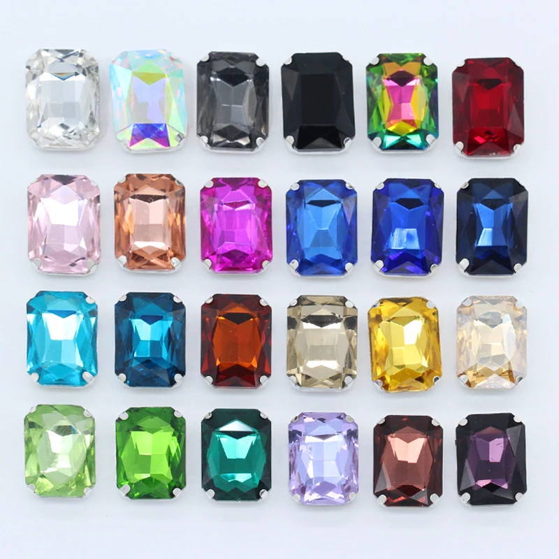 Rectangular plano de 24 colores de todos los tamaños para coser en strass, piedra de cristal, gemas para coser, diamantes de imitación, base plateada, botón, accesorios para ropa