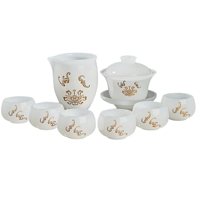 |jade porcelain glaze set tea set cover bowl household glass fair cup white porcelain six cup combination gift