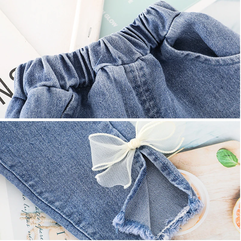 Cute Clothes for Kid Baby Girl Outfit Set Fashion Dot Lace Collar + Long Denim Bows Trousers Children Clothing 1 2 3 4 Years