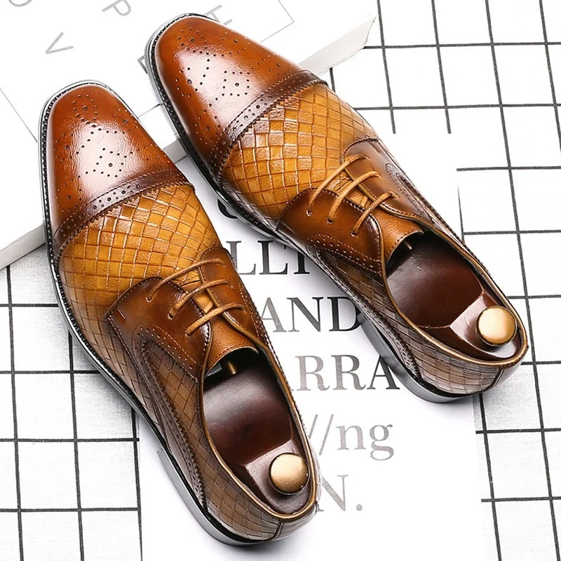 Men\'s Woven Leather Dress Shoes Mens Classic Vintage Derby Shoes Brogue Shoes Men Lace-Up Business Office Party Wedding Shoes