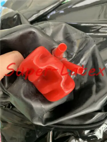 MEN LATEX CATSUIT WITH NOSE TUBE RED TEETH HIDDEN TWO CONDOMS MESH EYE