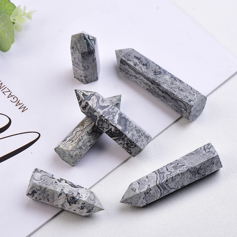 1PC Natural Ash Grain Stone Hexagonal Rod Crystal Point Quartz Crystal Mineral Ornament Modern Home Decoration Small Decora Gift