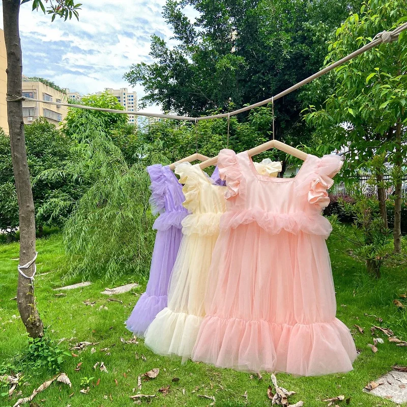 Baby Girl Princess Ruffle Dress Long Toddler Girl Summer Vintage Layer Vestido Gauze Party Pageant Birthday Baby Clothes 1-7Y