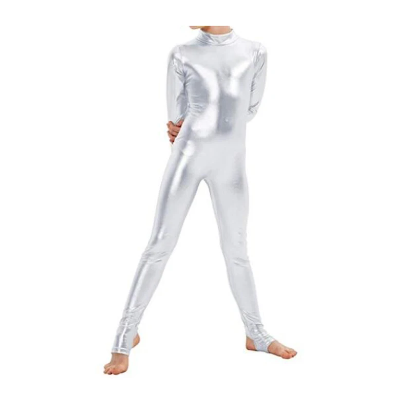 Adult Kids Long Sleeve Metallic Gymnastics Leotard Shiny Ballet Dance Bodysuit Unitard Girls Women Stage Dance Wear Suit