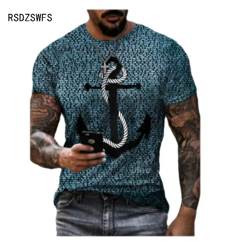 Summer Men\'s T-Shirt Street Personalized Marine Style Anchor Print 3D Clothes Large Size Mens Top Loose Pullover T-Shirt