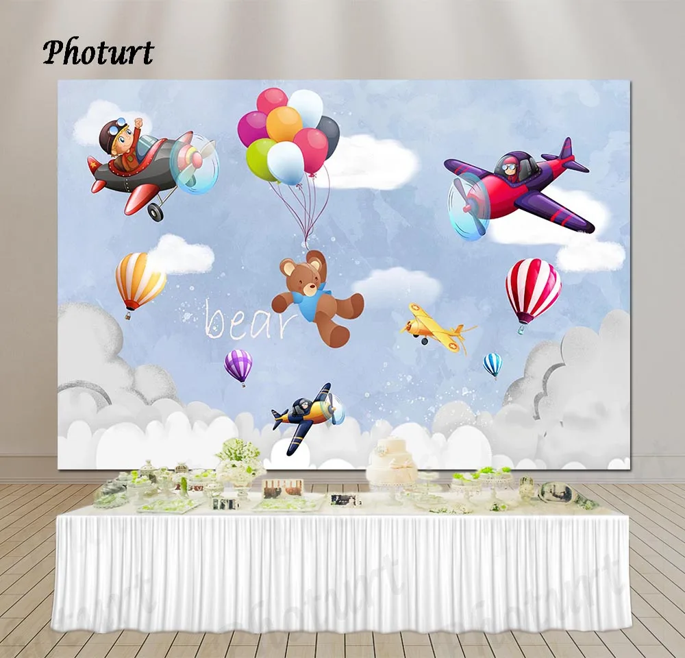 PHOTURT Airplane Pilot Backdrop Boys Birthday Decorate Background Balloon Bear Aircraft Polyester Vinyl Banner Studios Props