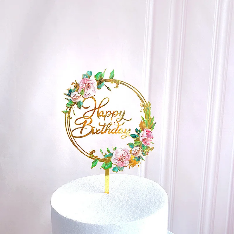 Nuovi fiori colorati Happy Birthday Cake Topper acrilico dorato festa di compleanno decorazione Dessert per Baby shower forniture da forno